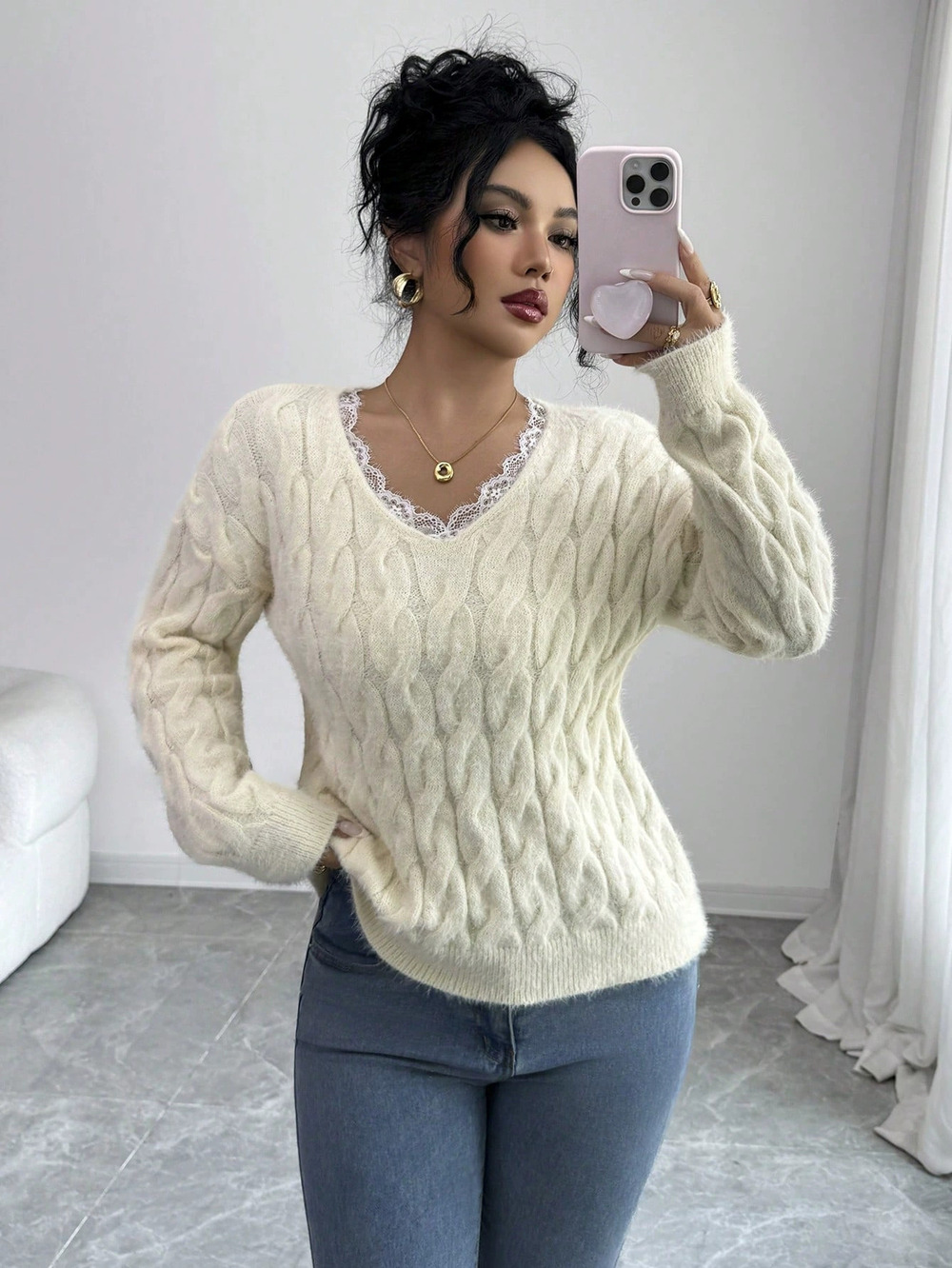 Zara Fall Winter Slim Fit Lace Cable Knit Mink Pullover Sweater
